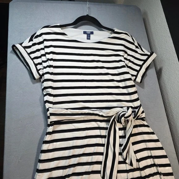 Chaps Womens Black White Striped Tie Waist Short Sleeve Knee Length Dress Medium - Picture 8 of 11